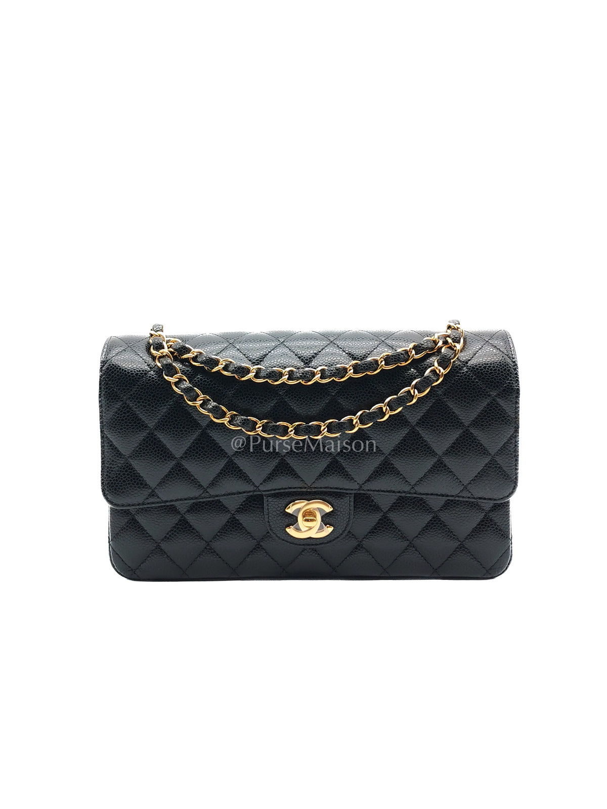 Chanel Classic Double Flap Medium in black caviar leather with gold hardware, a microchip-era piece available to view at the Purse Maison showroom in BGC